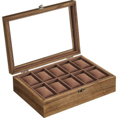 SONGMICS 10 Compartments Watch Box Solid Wood Watch Box with Glass Lid Watch Cushion Gift for Your Loved Ones Walnut JOW100K01