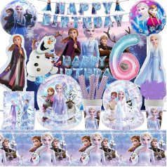 NOVBAON Frozen Birthday Party Supplies Party galda piederumu komplekts, Anna un Elsa dzimšanas dienas dekorācijas balons, dzimšanas dienas dekorācijas Ledus karaliene 6 gadi Meiteņu ballīte T šķīvji tasītes salvetes galdauts 57 gab.