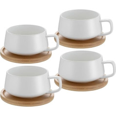 4er Set Cappuccino Tassen mit Unterteller, 300 ml Kaffeetassen, Espressotassen aus Steingut für Tee Kaffee Cappuccino, Kaffeebecher mit Holzscheibe, Weiß