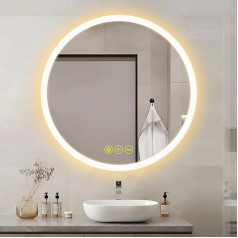 AI-LIGHTING Round Bathroom Mirror with Lighting, 70 cm, Bathroom Mirror with Lighting, Dimmable, Warm White/Cool White/Neutral Mirror for Bathroom, Illuminated Wall Mirror with Touc Switch for