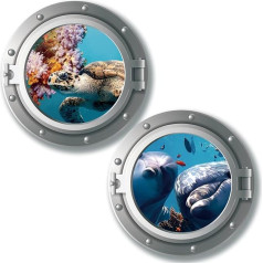 decalmile Pack of 2 Sienų lipdukai 3D Porthole Povandeninis pasaulis Sienų lipdukai Langas Vėžliai Delfinas Sienų lipdukai Kūdikių kambarys Vaikų kambarys Miegamojo kambarys Vonios kambario sienų apdaila (skersmuo: 43 cm)