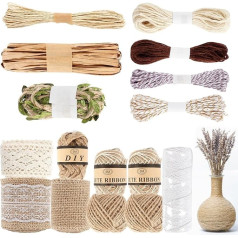 Ticeed Pack of 16 Juta lentes lentes Lace Cord Set Hessian Lace Ribbon Natural Hessian Juta lentes Roll DIY Garden Cord Dāvanu lentes amatniecības Kāzu DIY amatniecība