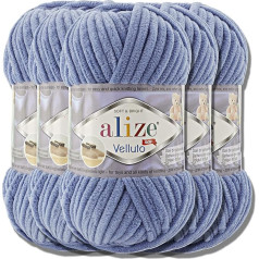 Hobby YARN Alize Velluto 5 x 100 g Turcijas vilna adīšanai, īpaši apjomīga vilna tamborēšanai, vienkrāsaina bērnu vilna, pūkaina dzija, filcēta vilna, mīļa vilna (Denim 374)