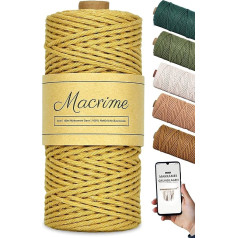 Macrime Premium makrame dzija sinepju dzeltena | 3 mm x 100 m | Instrukcijas / Ebook | 100% dabīgā kokvilna | 4 pavedieni pītas kokvilnas dzijas | DIY makrame dzija amatniecībai