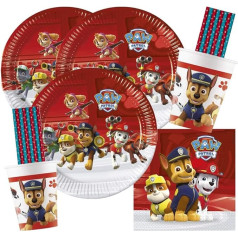 procos/spielum Paw Patrol Rīcībai gatavi šķīvji Papīra krūzes Salvetes + salmiņi 16 bērniem 68 gab. ballīšu komplekts