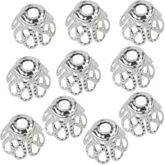 SouiWuzi Pack of 100 Flower Bead Caps Filigrāna grozs Beaded Hollow Flower Beads End Caps for Jewellery Making Antique 7 mm Silver Festival Accessories