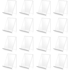 Bymivofun Pack of 16 Acrylic Book Stands, caurspīdīgs slīps brošūru statīvs, caurspīdīgs akrila grāmatu displejs tālruņiem, zīmēm, brošūrām, brošūrām, ēdienkartes plakātiem, žurnāliem