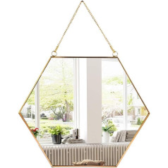 C&Z Zelta ģeometriskais Vintage stila karājas sešstūra sienas spogulis ar ķēdi vannas istabai guļamistabai dzīvojamā istaba 15,7 x 13,6 collas