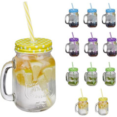 Relaxdays glāzes ar vāku un salmiņu, 12 citronādes glāžu komplekts, 500 ml, retro vasaras glāzes ar rokturi, krāsainas