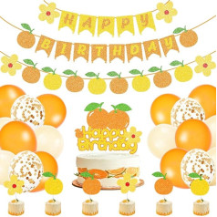 G-LOVELY'S Orange Happy Birthday Party Dekorēšanas komplekts Mandarīnu baloni Mandarīnu dzimšanas dienas baneris Salds apelsīnu ziedu kūka Toppers ogu tēmu dekori Vasaras augļu partija Piegādes bērnu duša meitene