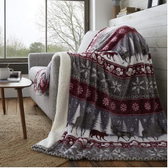 Happy Linen Company Nordic Winter Warm Bedspread - mākslīgā kažokāda un šerpa vilna - vīna sarkans - liels