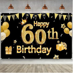 60. dzimšanas dienas svinību dekorēšana, īpaši liela melna zelta zīme, plakāts 60. dzimšanas dienas svinību piederumi, 60. gadadienas fona baneris Foto automātiskais fona baneris 72,8 x 43,3 collas