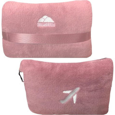 BlueHills Travel Blanket Pillow in Mini Soft Case, Premium Plush Airplane Blanket in Soft Bag, Compact Pack with Luggage Belt and Backpack Clip, Dusky Pink M02