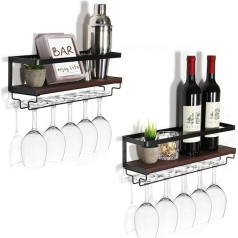 B4Life Sieninis vyno stovas su stiklinių laikikliu, 2 vyno taurių laikiklių rinkinys, mediena, vintažinis butelių stovas, pagamintas iš plūduriuojančių lentynų, vyno stovas su stiklinių laikikliu, montuojamas ant sienos valgomajame,