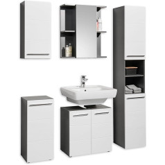 Stella Trading Gloss Bathroom Furniture Set in Anthracite, White High Gloss - Modern Bathroom Furniture Set 5-Piece Consisting of Tall Cabinet, Wall Cabinet, Base Cabinet, Mirror Cabinet and Chest of Drawers - 180 x