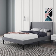 BTM 4ft6 Double Soft Linen Upholstered Bed with Winged Headboard Wooden Slat Support - Grey