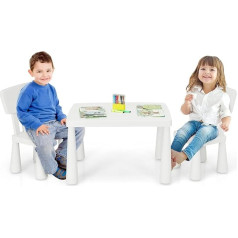 Costway 3 dalių vaikiškų baldų komplektas, vaikiškas stalo komplektas, vaikiškas stalas su 2 kėdėmis, plastikiniai vaikiški baldai, vaikiškas kilimėlis vaikų darželiui ir vaikų kambariui (baltas)