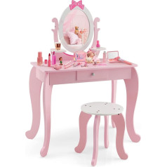 Dreamade Bērnu tualetes galdiņš 2-in-1 ar tabureti un noņemamu spoguli, koka bērnu grima galds, kosmētikas galds, princeses tualetes galds ar atvilktni bērniem meitenēm