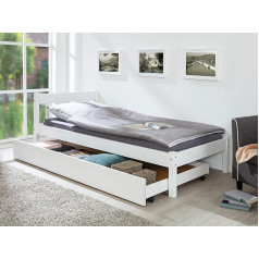 Inter Link Umea Bed Drawer - Bed Box - Bed Drawer on Wheels - Extendable Drawer - Solid Pine Wood - White - Dimensions in cm: Length 199 x Width 94 x Height 22 cm
