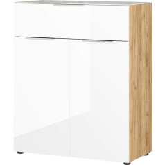 Alkove Amazon Brand - Alkove Selencia Chest of Drawers in Navarre Oak Replica / White, Fronts and Top Shelf with Glass Overlay, with One Drawer and 2 Doors, 83 x 102 x 42 cm (W x H x D)