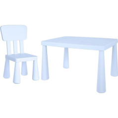 FHU Bērnu galds ar 1 krēslu, 2 daļu komplekts, bērnu sēdvietu komplekts, izturīgs un viegli kopjams, bērnu mēbeles lietošanai iekštelpās un ārpus telpām, komplekts bērnu istabai, ar noapaļotām malām, gaiši zils