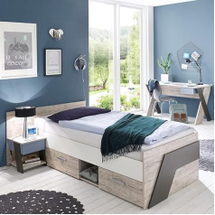 Lomadox Комплект для детской комнаты, дуб песочный с белым, лава голубая, 90 x 200 см, односпальная кровать, письменный стол, прикроватная тумба