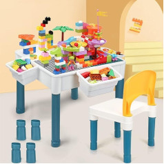 Aptofun 6-in-1 Children's Table Chair Set, Children's Play Table, 51 x 51 cm, Double-Sided Table Top with 292 Building Blocks, Multi Activity Table with 1 Chair as Building Block Table, Sand Table, Craft