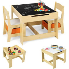 Giantex 3 dalių vaikiškų baldų komplektas, vaikiškas stalas su 2 kėdėmis, vaikiškas rašomasis stalas su stalčiais, vaikiškas stalo komplektas, medinis, vaikiškas piešimo stalas su lenta, vaikiškas sėdimųjų vietų komplektas
