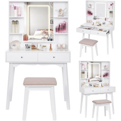 Anwbroad BDT14W Vanity Table with 3 Colours LED Lighting Vanity Desk Vanity Table 5 Storage Space Five with Adjustable Brightness Dressing Table with Mirror Stool White