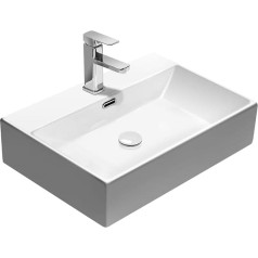 Teal Home Ceramic Wash Basin, 60 x 42 x 14 cm, Countertop Washbasin, Square, Hanging Bathroom, with Tap Hole and Overflow, Small Guests WC, Hand Washbasin, Countertop Washbasin, White
