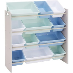 Amazon Basics Kids Toy Storage Toy Organiser with 12 Plastic Containers, Grey Wood with Blue Containers, 27.7 x 85.3 x 79 cm