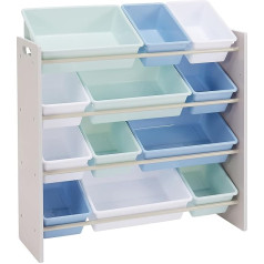 Amazon Basics Bērnu rotaļlietu glabāšanas organizators ar 12 plastmasas konteineriem, pelēks, ar ziliem konteineriem, 27,7 x 85,3 x 79 cm, 27,7 x 85,3 x 79 cm