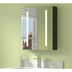 Exbrite Vannas istabas spoguļa skapītis ar apgaismojumu, LED vannas istabas spoguļa skapītis ar melnu alumīnija rāmi, atgaismotājs, aptumšojams, 3 krāsu gaisma, pie sienas, labās eņģes, 510x610mm