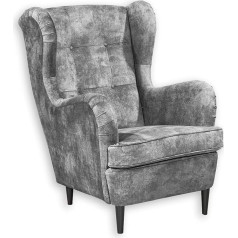 Stella Trading Oskar 3 spārnu krēsli ar pogu polsterējumu, pelēkā krāsā, Vintage viesistabas krēsls ar masīvkoka kājām, 78 x 102 x 98 cm (platums x augstums x dziļums)