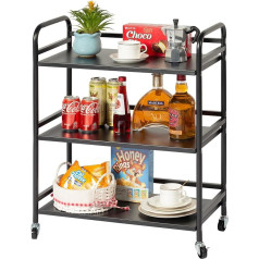 Hdani Serving Trolley, 3 Levels Metal Service Vehicle with Wheels for Small Spaces, Kitchen, Dining Room, Bar, Bathroom, Trolley, Black, 60 x 30 x 75 cm