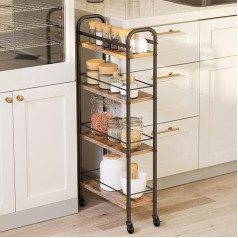 Asgolion Slim Rolling Cart 40 x 15 x 86 cm, 4 Tier Kitchen Cart Narrow on Wheels, Narrow Storage Cart for Small Spaces in Kitchen, Dining Room, Bathroom, Laundry Room, Rustic Brown and Black