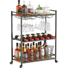 Lifewit Serving Trolley, 3-Tier Bar Cart with Lockable Wheels, Wine Rack and Glass Holders, Kitchen Trolley, Dining Room, Living Room, 63.2 x 30 x 81.5 cm, Rustic Brown