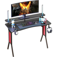 Heeyue Žaidimų stalas, kompiuterio stalas su dideliu monitoriaus stovu, tvirtos metalinės kojos su raudonu tinklelio rėmu, žaidėjų darbo vieta su puodelio laikikliu, ausinių kabliuku namų biurui