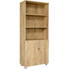 Furni24 Filing Cabinet with Cylinder Lock - Open Top, 3 Adjustable Shelves, Bottom 2 Adjustable Shelves with Double Door and All-Metal Hinges, Lockable Wooden Cabinet Oak, 190 x 80 x 40 cm