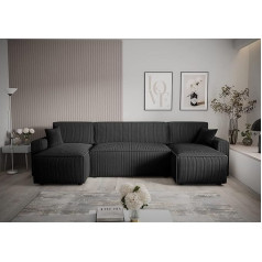 3E 3Xe Living.com Alvito U bis Corner Sofa Colour: Black Material: Corduroy A: W: 330 cm, H: 85 cm, Otomana Length: 140 cm, Corner Sofa, Sofa Bed, Sofa Bed