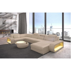 Sofa Dreams Berlin U-Shape Leather Living Room with Headrests Sofa with LED Lighting Modern Couch (Ottoman Right, Beige)