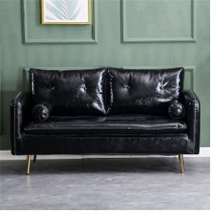 57''W Mākslīgās ādas dīvāns, divvietīgs dīvāns ar masīvkoka rāmi un polsterētiem spilveniem, piemērots viesistabai, dzīvoklim, atpūtas telpai, melns