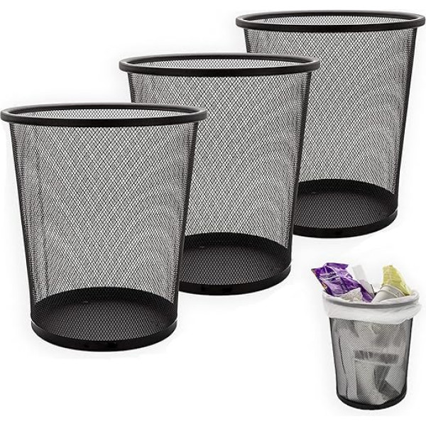 Senenqu Pack of 3 Metal Waste Paper Bin, 12 L, Office Rubbish Bin, Black Metal Grid, Small Waste Paper Bin, Rubbish Bin, Office, Desk, Bedroom, Bathroom - 26.5 x 23.5 x 18.8 cm