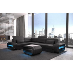 Sofa Dreams Verona stūra dīvāns, ādas dīvāns, L formas dīvāns ar LED apgaismojumu, regulējamiem pagalvjiem, ādas krāsām, izvēles orientācija (kreisais stūris, melns)