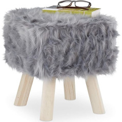 Relaxdays Fur Stool Faux Fur Decorative Stool with Wooden Legs, Seat and Footstool, Dressing Table, H x W x D: 37 x 32 x 32 cm, Grey