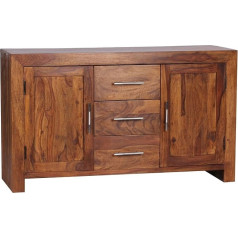 Wohnling Bufete Masīvkoka Sheesham kumode 118 cm 3 atvilktnes 2 durvis Dizains Highboard Lauku mājas stils Brūns Dabisks