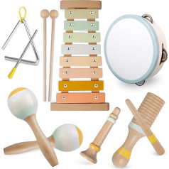 Fortand Mūzikas instrumenti bērniem, mūzikas koka rotaļlieta no 3 gadiem Bērnu rotaļlieta Bungas Maracas Trīsstūris Ksilofons bērniem Montessori rotaļlietu koka perkusiju komplekts muzikālajai agrīnajai izglītībai