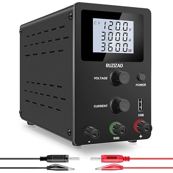 RUZIZAO Laboratorijas barošanas avots (0-120V/0-3A) Laboratorijas barošanas avots Regulējams komutācijas barošanas avots ar augstu precizitāti un 3 ciparu LED displeju, 5V/2A USB interfeiss