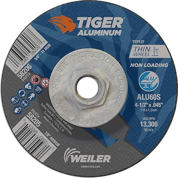 Weiler - 588206 58206 Tiger Alumīnija 27 tipa griešanas disks ALU60S 5/8-11 UNC uzgrieznis (10 gab.), 10 gab., 4,5