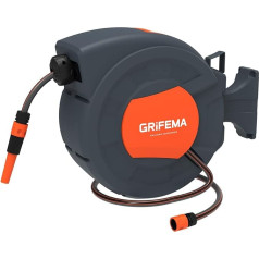 GRIFEMA G301-15, šļūtenes rullis pie sienas, šļūtenes rullis ar 15 m šļūteni, sienas šļūtenes rullis ar 180° rotāciju, automātiskais rullis ar regulējamu sprauslu